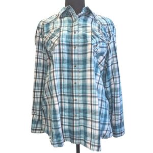 Ariat Blue Plaid Button Down Shirt Slim Fit Ranch Farm Clothes, Slim Fit XXL